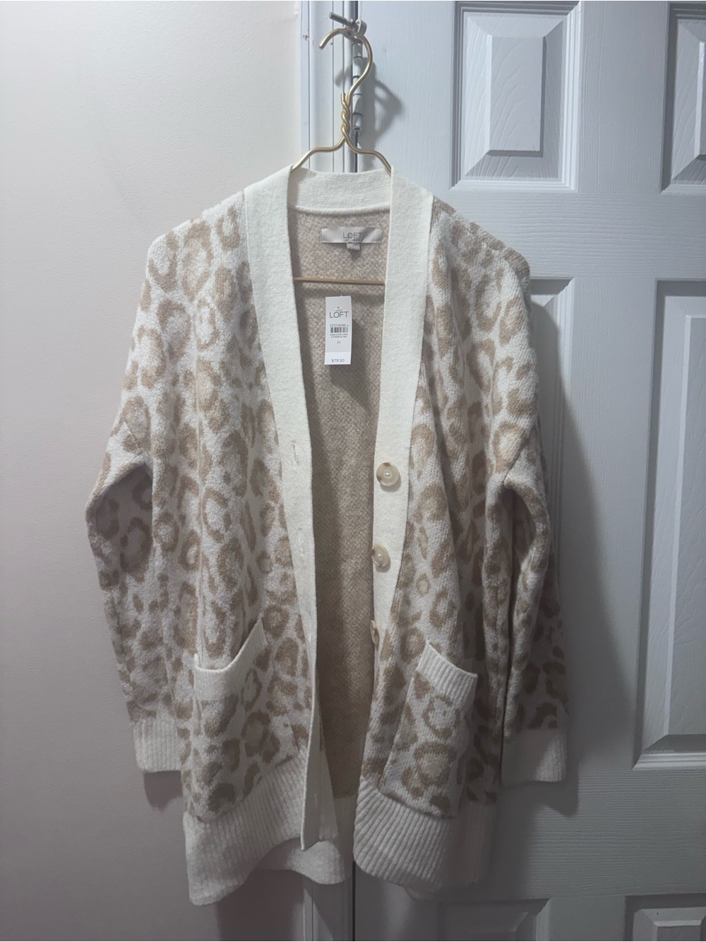 NWT LOFT Cream & Beige Leopard-Print Button Cardigan, Medium